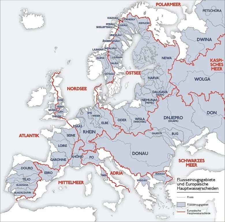 Mapa rzek Europy - Rzeki i ich dorzecza